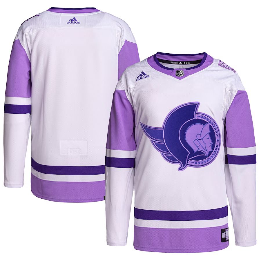 Men Ottawa Senators adidas White Purple Hockey Fights Cancer Primegreen Authentic Blank Practice NHL Jersey